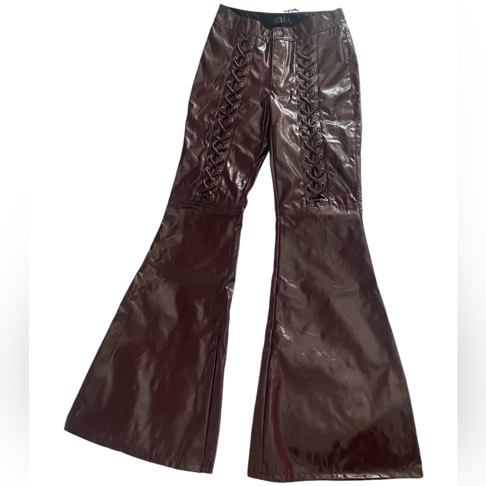 FLARE LACE UP BROWN FAUX LEATHER PANTS DOLLS KILL SIZE XSMALL DELIA'S